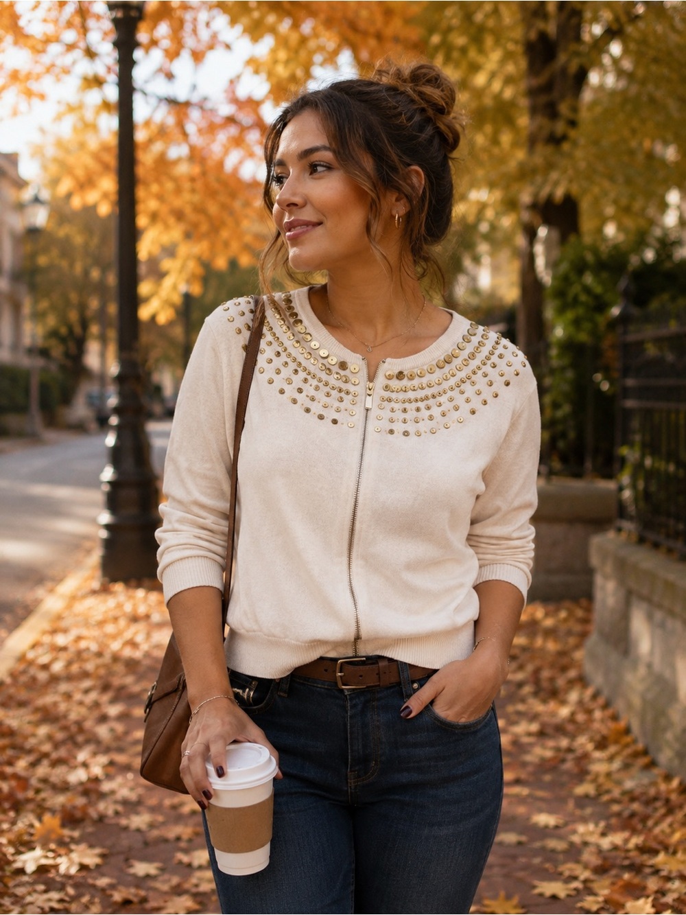 Michael Kors Cream Zip-Front Sweater with Gold Studs 100% Cotton